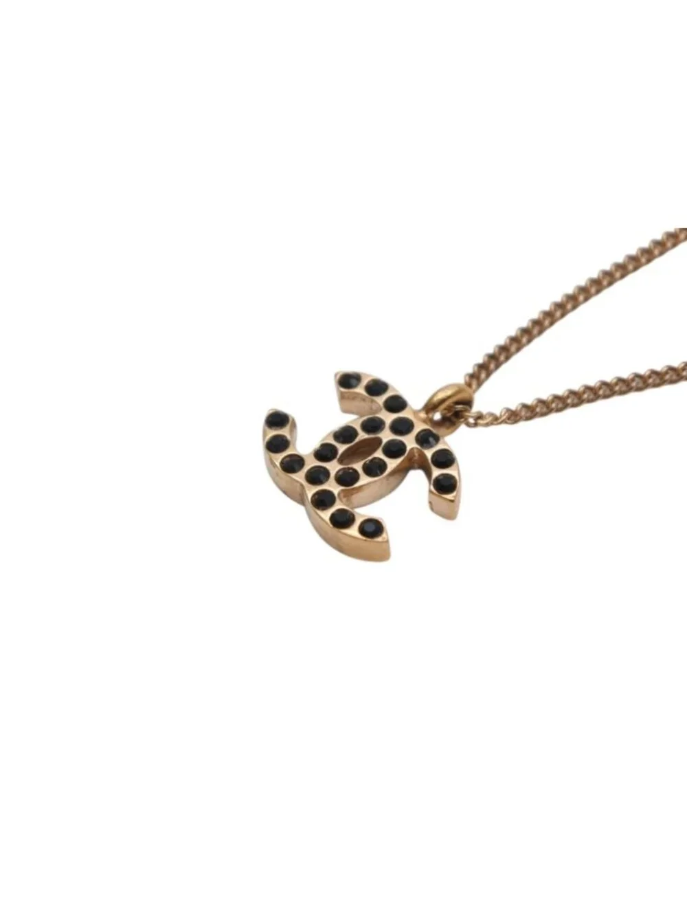 Chanel CC Logo Black Rhinestone Necklace Metal Gold